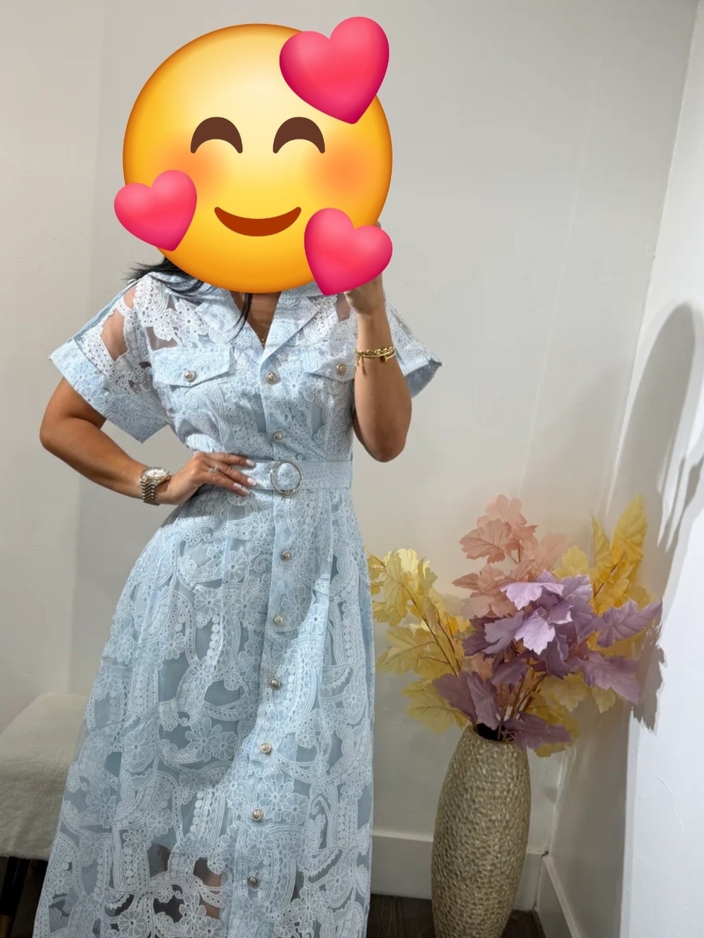 Light Blue Lace Maxi Dress with Belted Waist